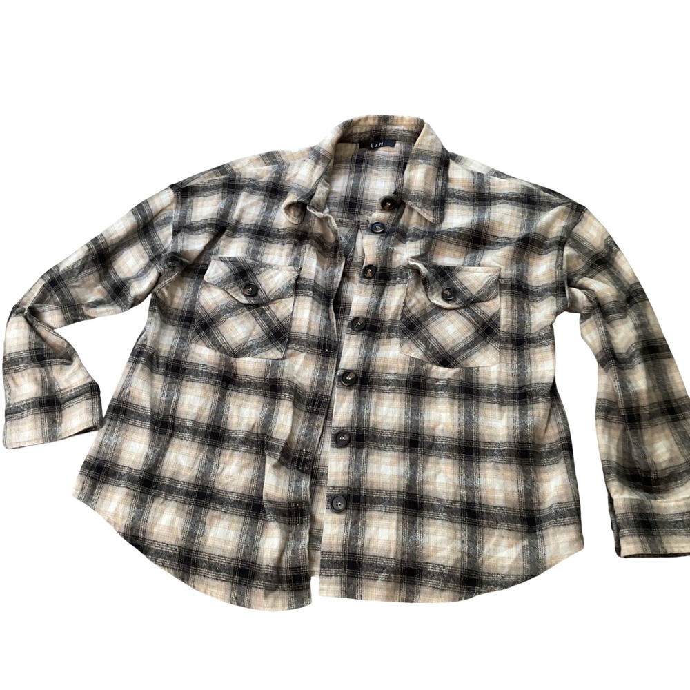 E&M Tan and Black Plaid Button‎ Down Shacket Oversized Flannel Shirt Large